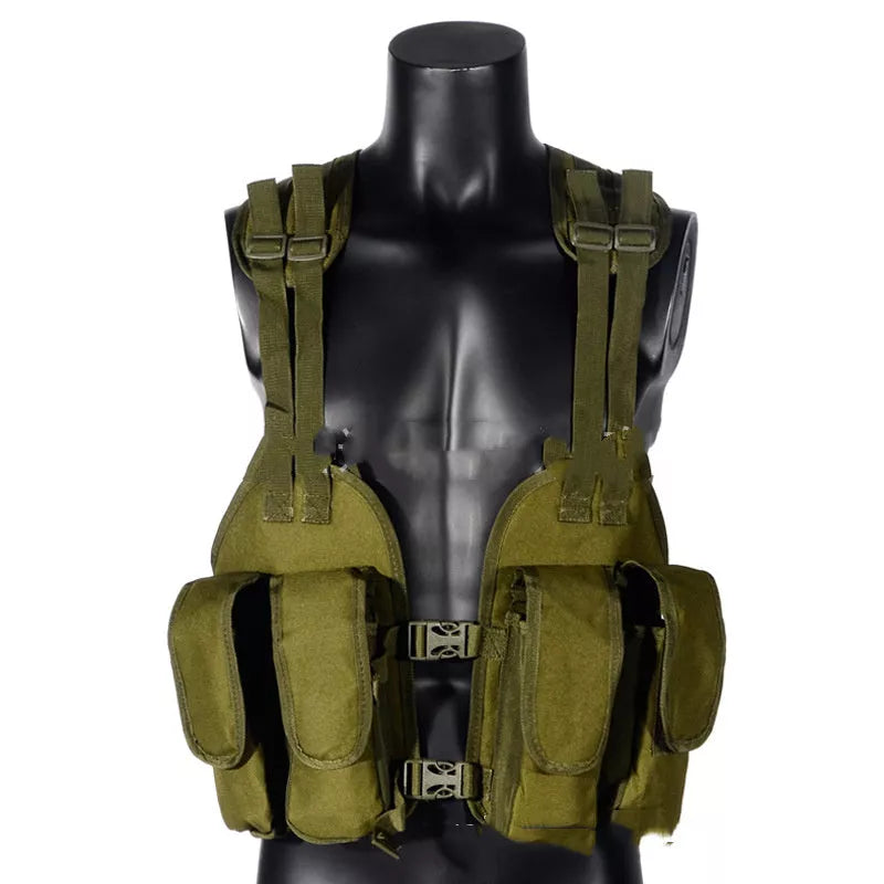 High-density 600D polyester tactical vest for outdoor training in jungle camouflage, military green, and mud