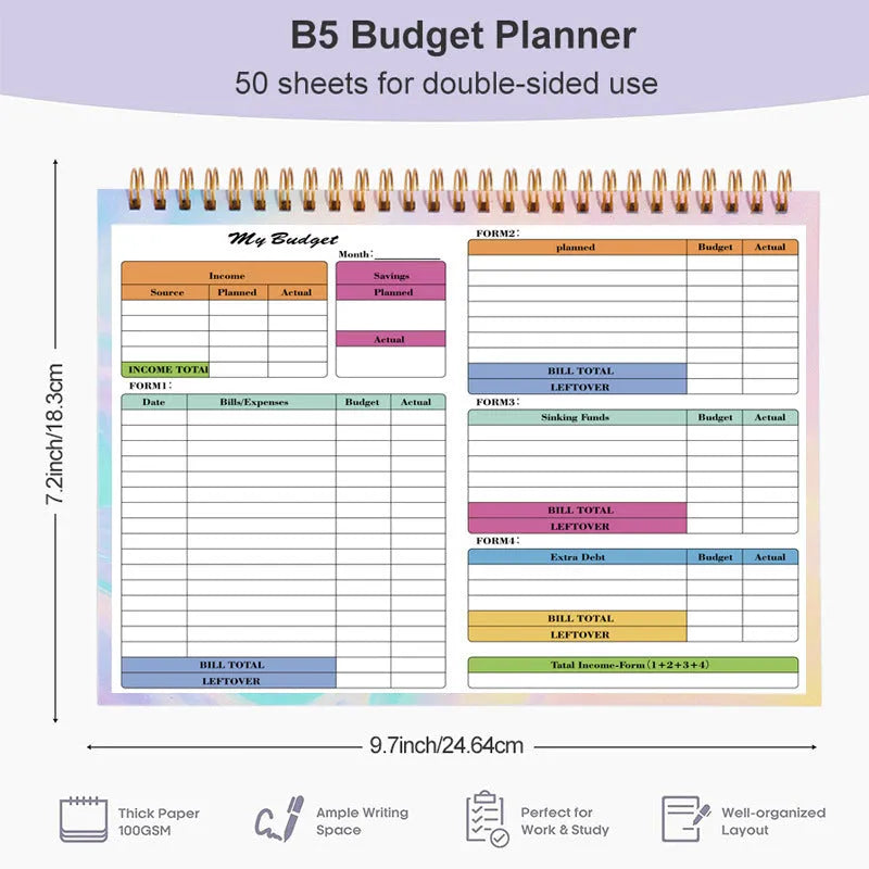 B5 size budget notebook with blue PP plastic cover and spiral binding, open on a desk.