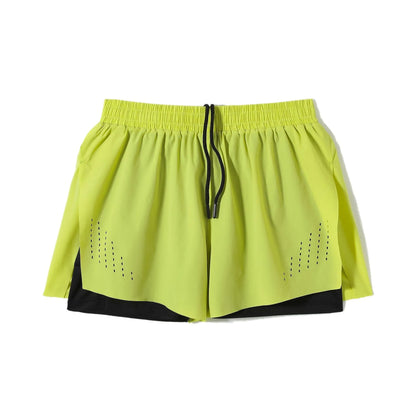 Men's straight-leg sports shorts with side slits in turmeric yellow, night blue, and black colours