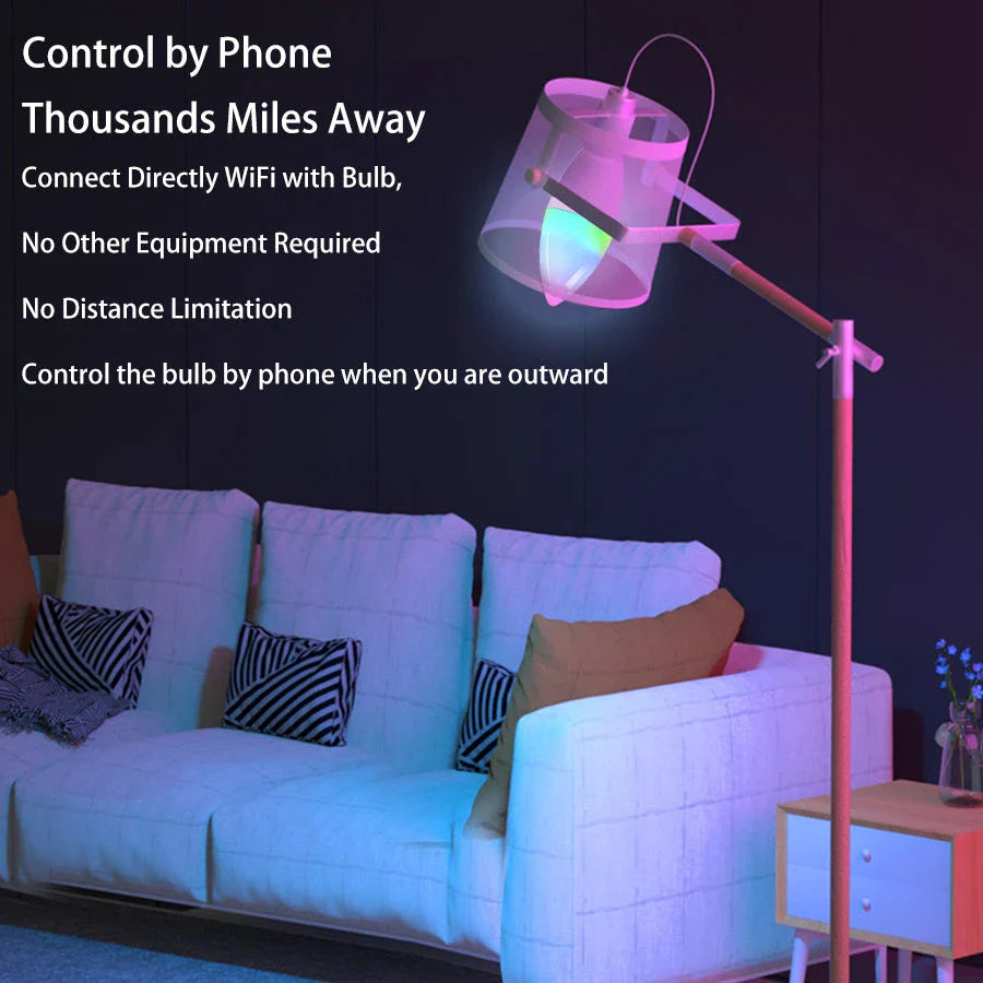 Smart WiFi RGBCW dimmable LED bulb with voice control for home lighting and decor