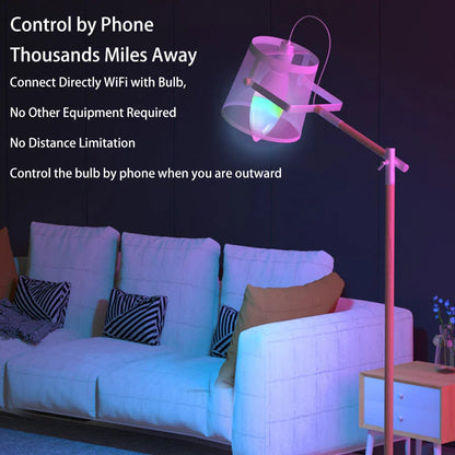 Smart WiFi RGBCW dimmable LED bulb with voice control for home lighting and decor