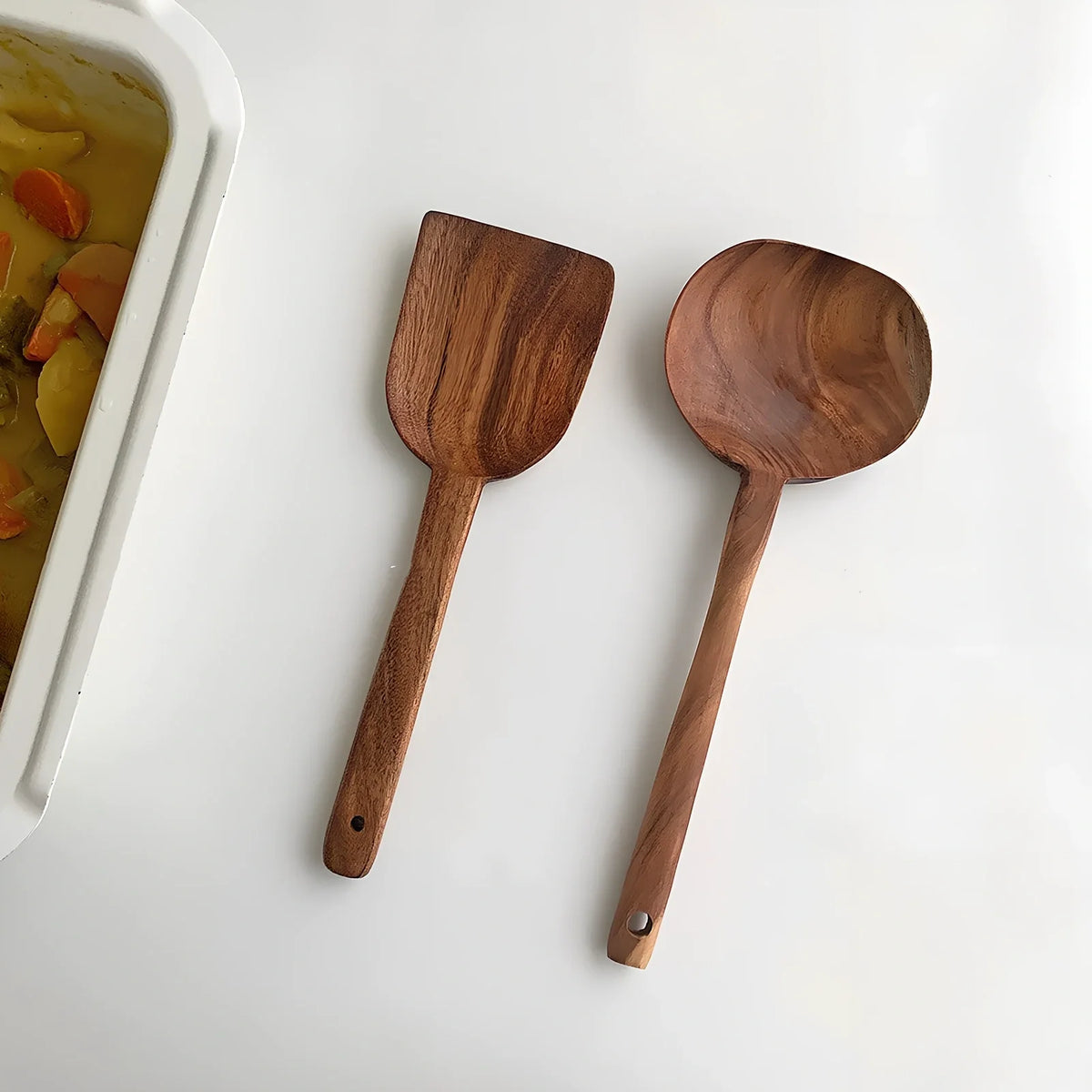 Korean teak wood cooking shovels set with three distinct designs for kitchen use