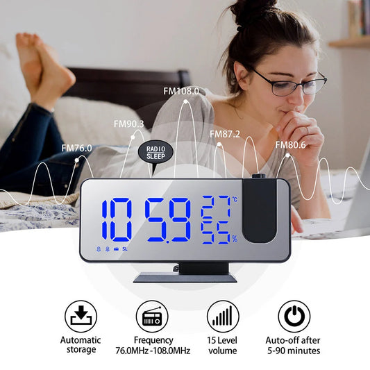 Multifunctional Radio Projection Alarm Clock with adjustable brightness and USB charging port