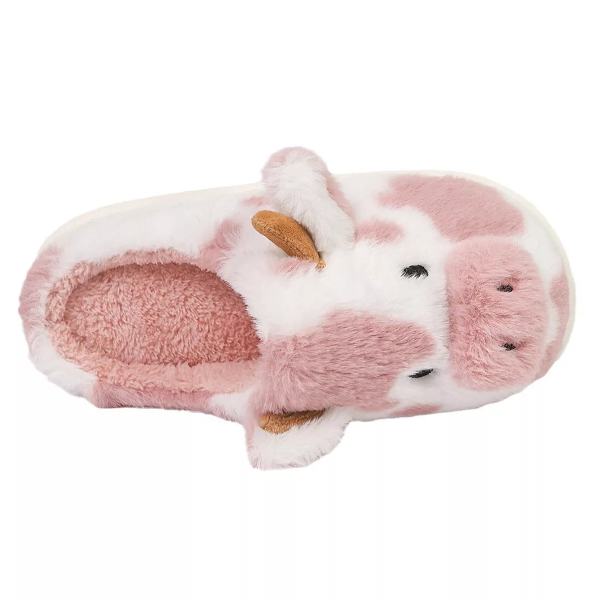 Cartoon cow plush slippers in black, leather red, and brown with non-slip soles