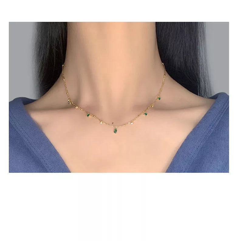 Korean style water drop emerald zircon necklace with sterling silver chain