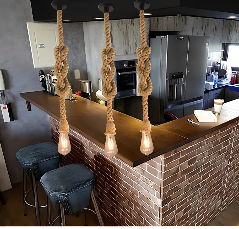Industrial hemp rope chandelier with LED lighting and grass vine construction in retro design