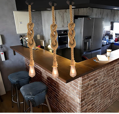Industrial hemp rope chandelier with LED lighting and grass vine construction in retro design