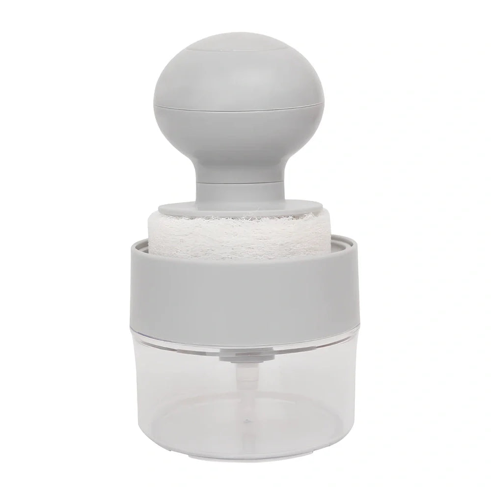 Refillable soap dispenser cleaning brush with silicone bristles and ergonomic handle for pots and pans