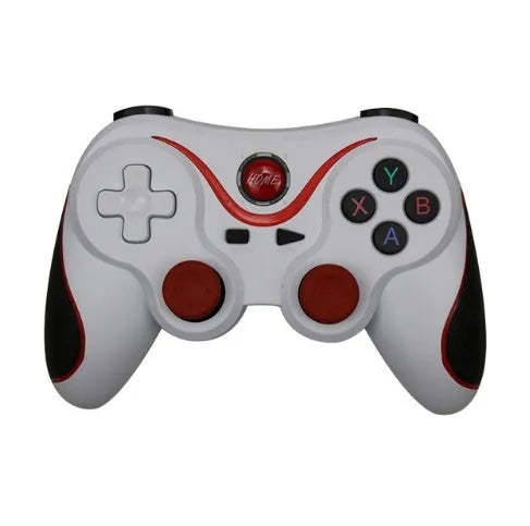 Upgraded X3 Bluetooth wireless game controller with mobile phone clip attached, showing textured grips and button layout
