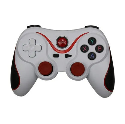 Upgraded X3 Bluetooth wireless game controller with mobile phone clip attached, showing textured grips and button layout