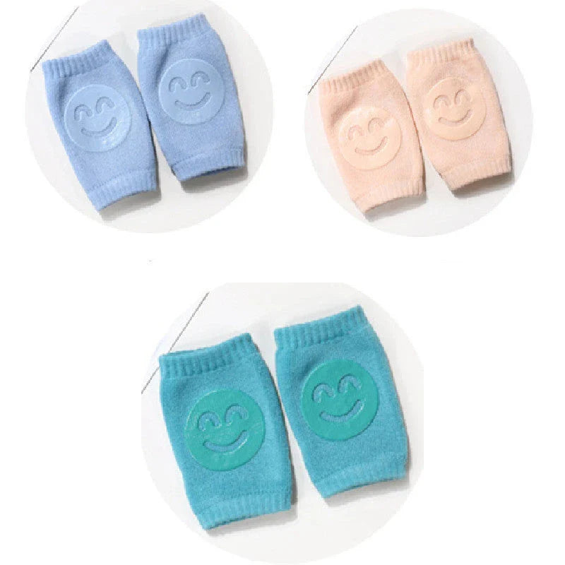 Cozy knee pads in various colors designed to protect babies during crawling with a non-slip, stretchy fit