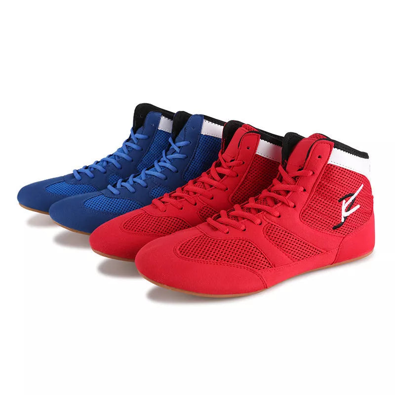 Mesh wrestling boxing shoes in red and blue, ideal for indoor training and competition