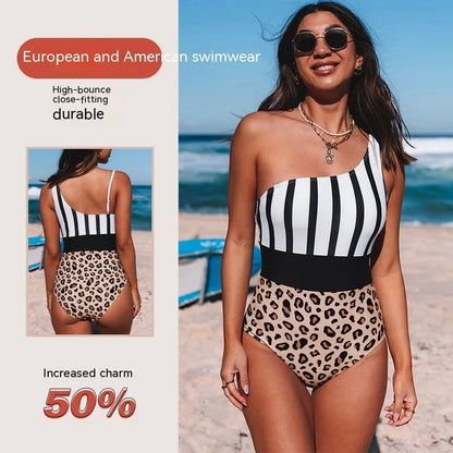 Women's leopard print one-piece swimsuit with asymmetric collar and high waist triangle briefs design