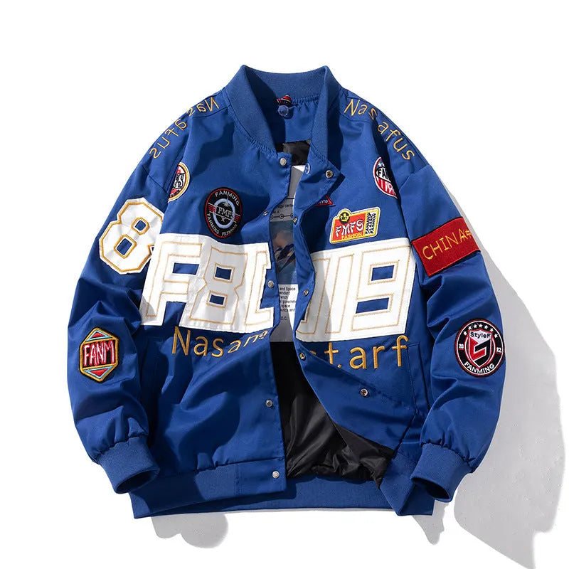 American motorcycle baseball uniform jacket with removable hood and side seam pockets in black colour