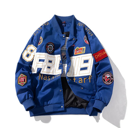 American motorcycle baseball uniform jacket with removable hood and side seam pockets in black colour