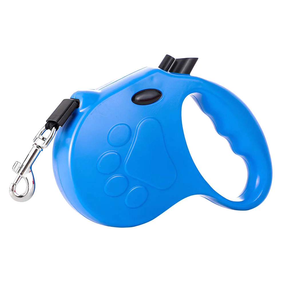 Automatic telescopic pet traction rope showing compact 140x168mm size and ABS plastic construction