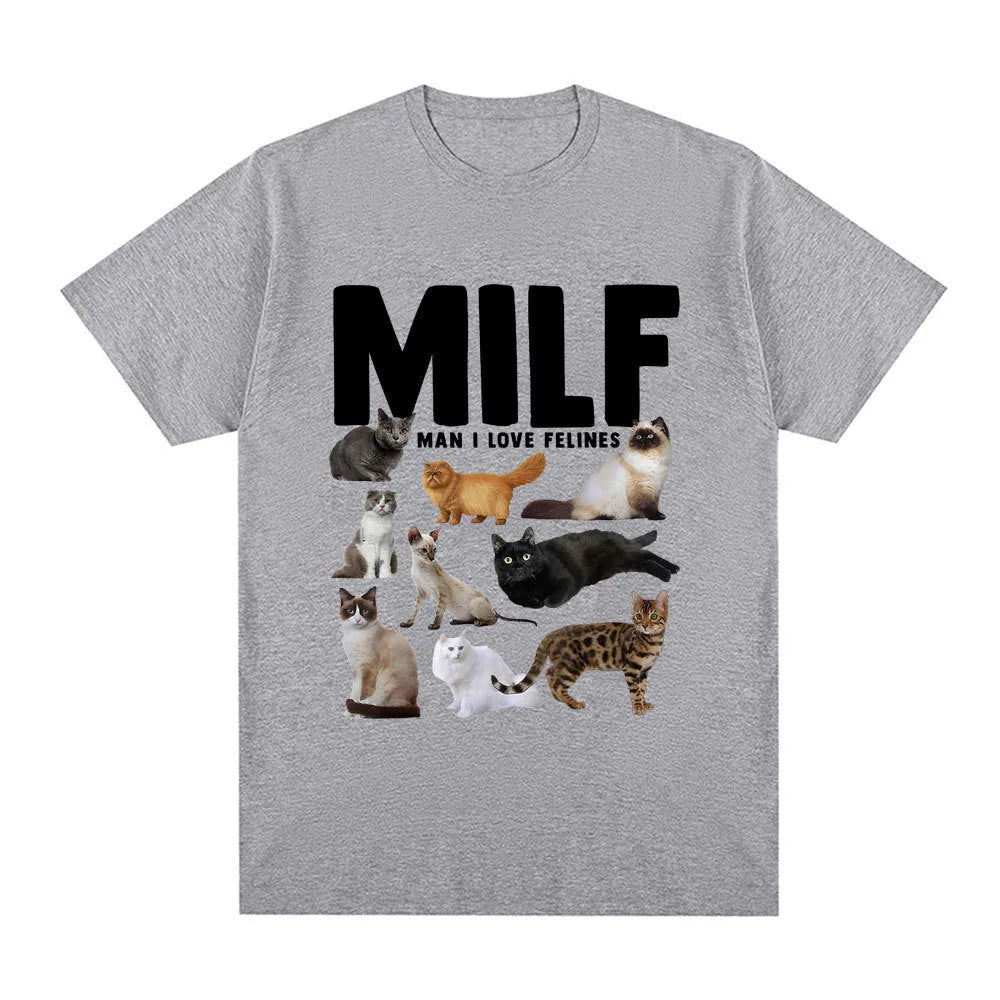 Geometric pattern cat lover graphic on a short sleeve cotton T-shirt, shown in multiple colours.