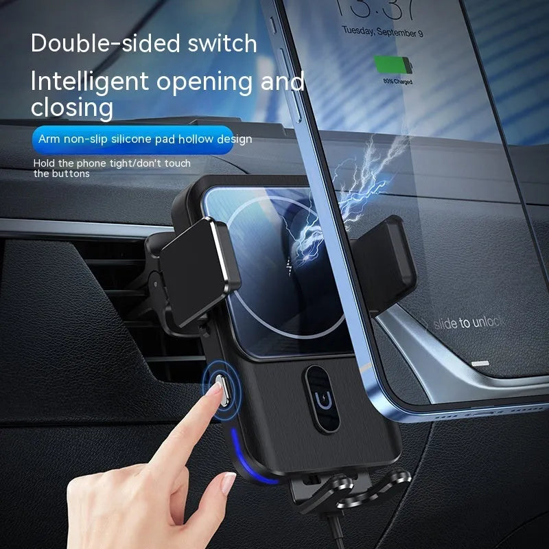 Car wireless phone charger holder with 15W fast charging in black, showing suction cup and clip mounting options