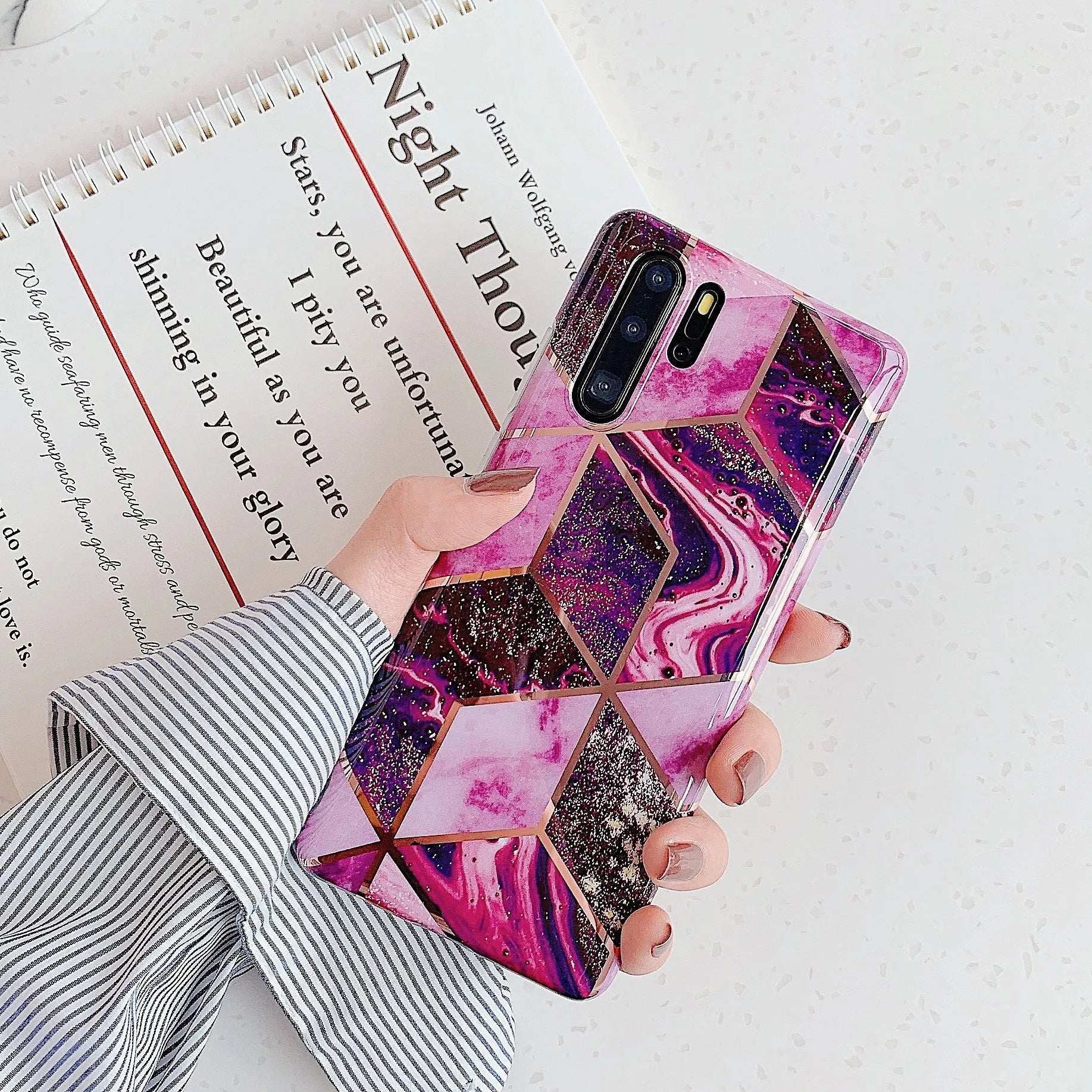 Electroplated marble mobile phone case in various colours for Huawei and Samsung models, showing slim TPU back cover design