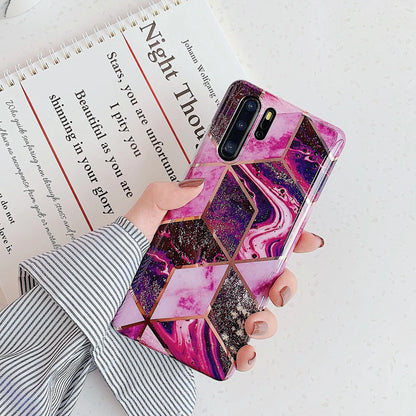 Electroplated marble mobile phone case in various colours for Huawei and Samsung models, showing slim TPU back cover design
