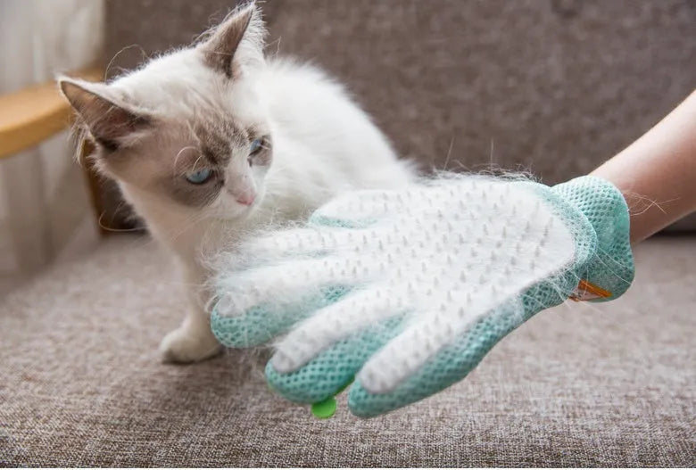 Silicone pet hair removal brush and grooming glove for cats and dogs in Pink, Grey, or Green.