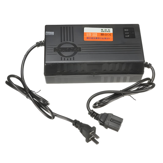 Black 72V20AH electric car charger with AU, EU, and US plug options shown, dimensions 165x87x63mm.