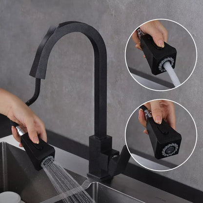 Stretchable black copper kitchen faucet with double outlet mode
