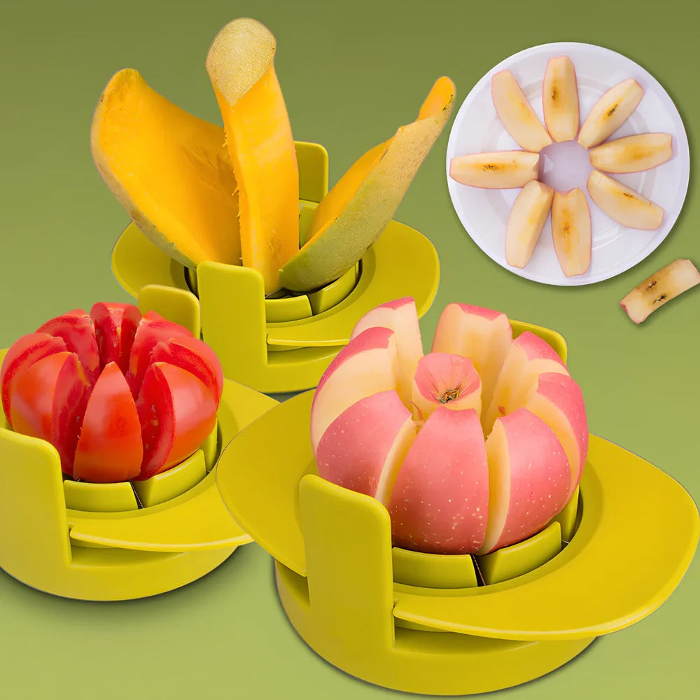 Green three-function fruit slicer for apples, tomatoes, and mangoes measuring 18.3cm