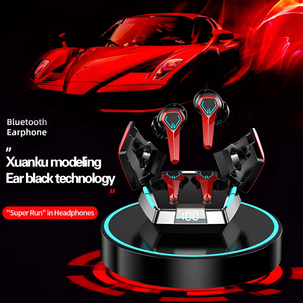 E-sports wireless in-ear Bluetooth headset with digital display, breathing light, PC ABS body, silver red yellow or white