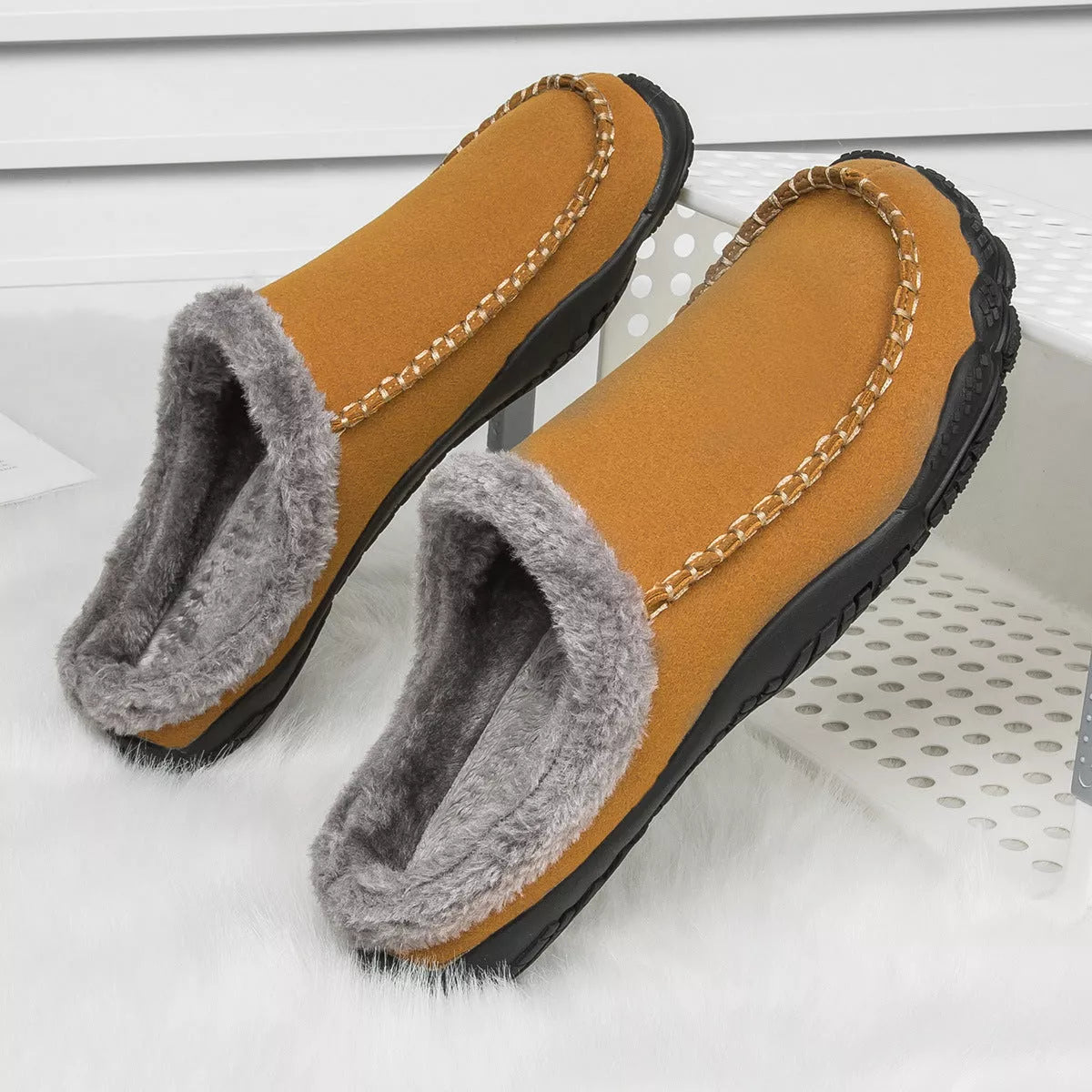 Men's winter slippers with anti-slip rubber outsole and fluffy plush lining in various colors