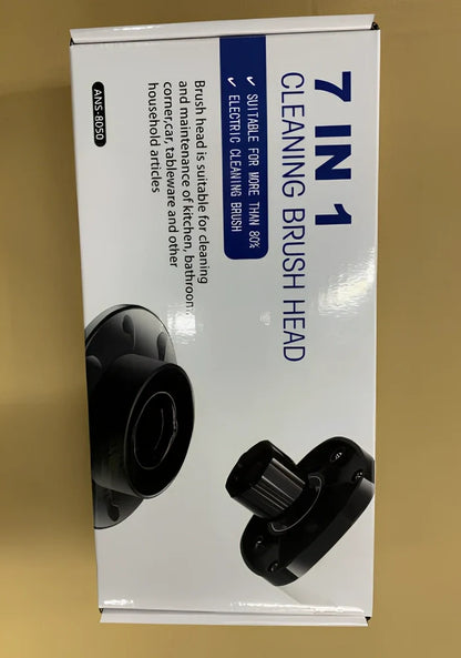 White 7-in-1 electric cleaning brush with telescopic rod and multiple brush heads for kitchen surfaces