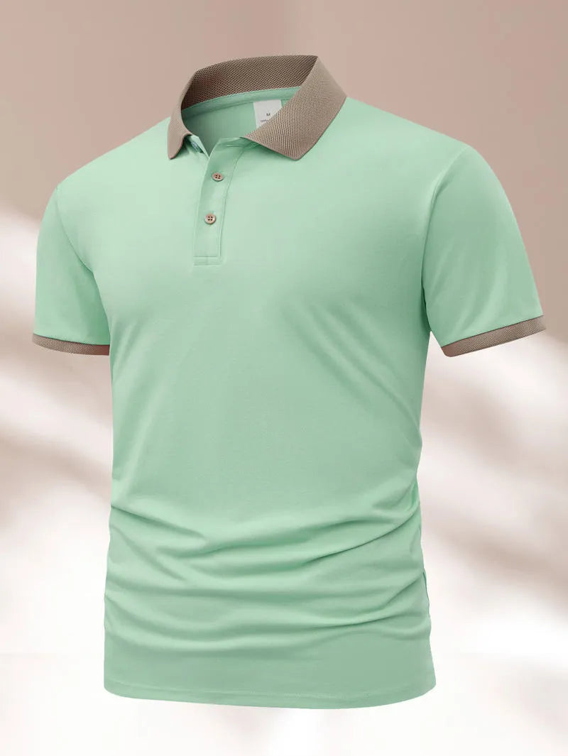 Summer polo shirt in ice silk fabric with printed flocking design on front, short sleeves