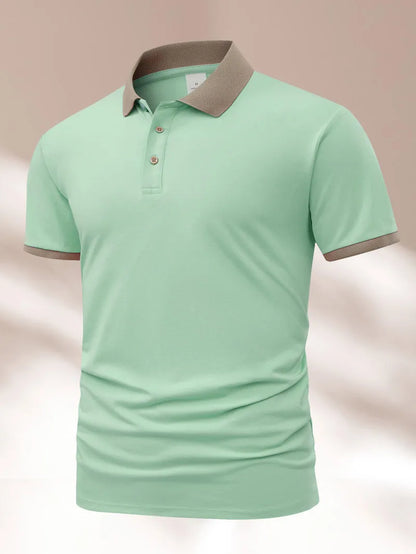 Summer polo shirt in ice silk fabric with printed flocking design on front, short sleeves