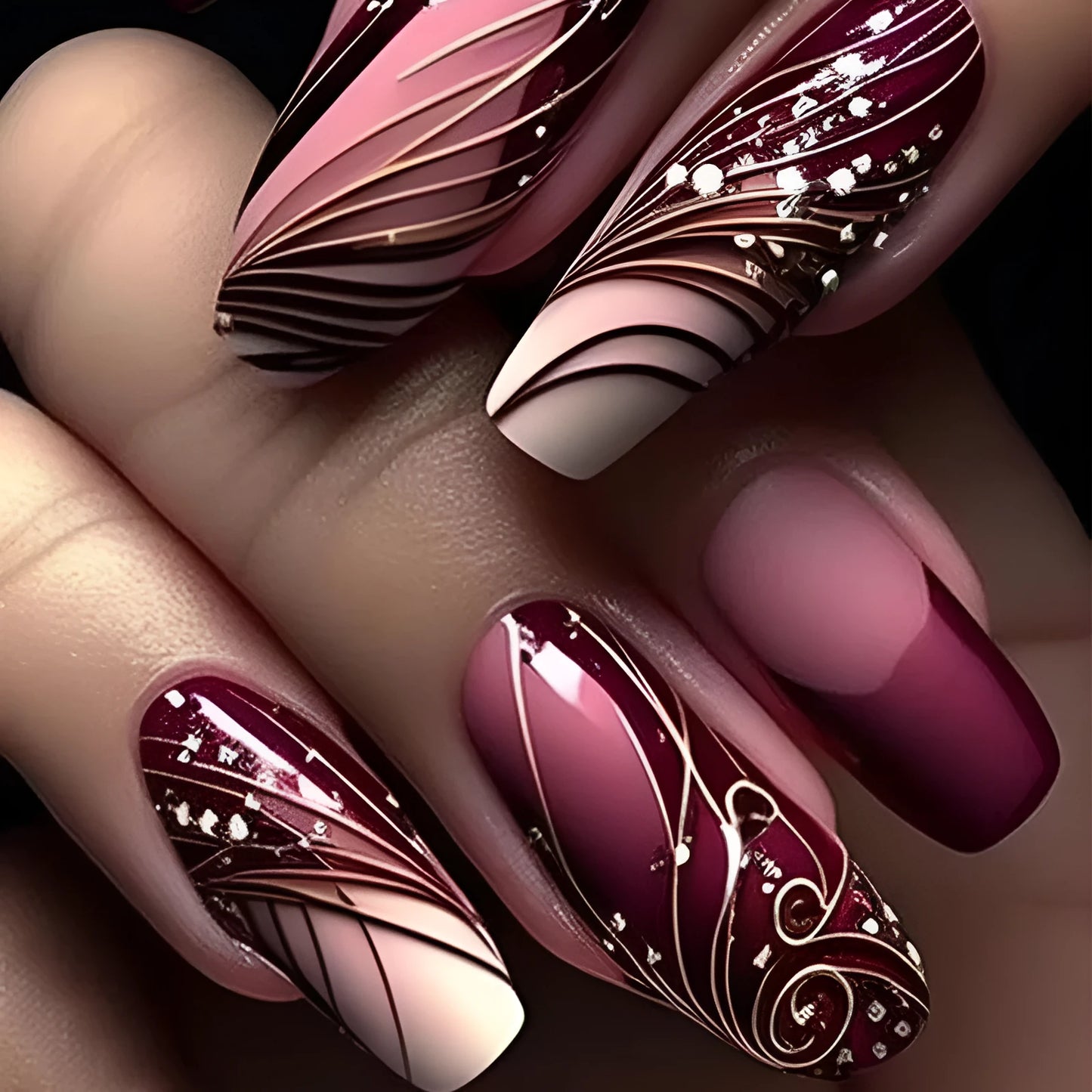 Set of 24 French line design fake nail stickers and one tube of adhesive glue on a white background.