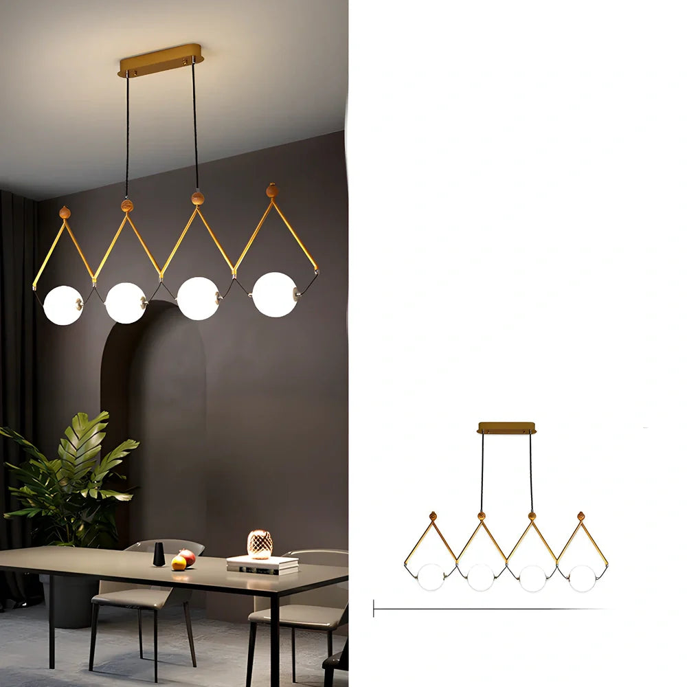 Multi-head LED pendant lamp with glass shades in black or gold, measuring 45-120cm diameter