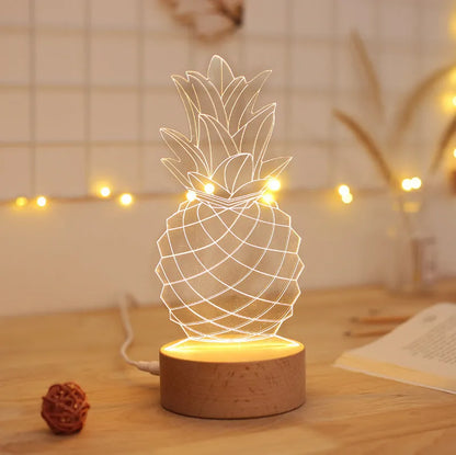 Cartoon pineapple bedside lamp with wood and acrylic materials, dimmable LED, and USB cable, dimensions 24.5x10cm