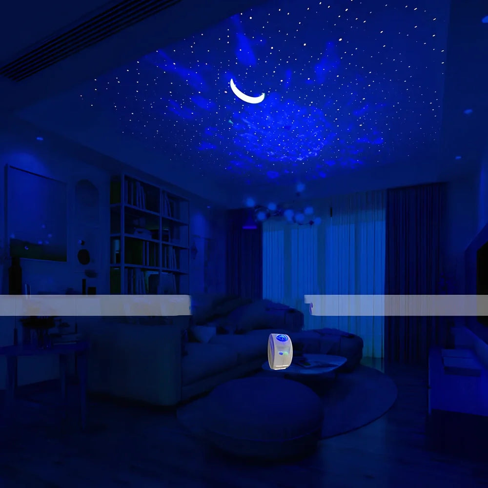 White Bluetooth starry sky projection lamp with remote control displaying nebula and wave light patterns