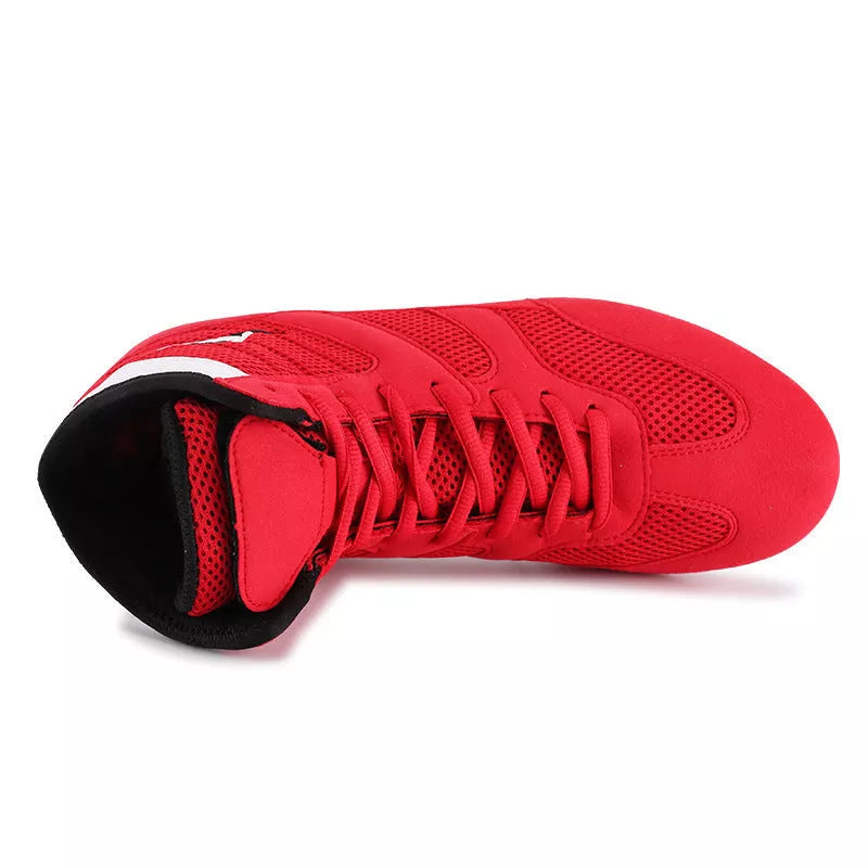 Mesh wrestling boxing shoes in red and blue, ideal for indoor training and competition