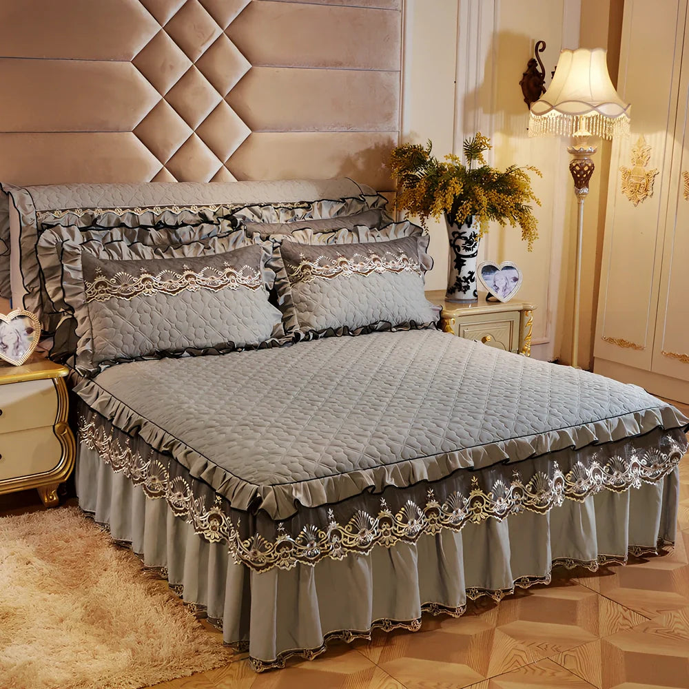 Quilted lace bed skirt with embroidery quilting on bed, showing 1.8m circumference coverage