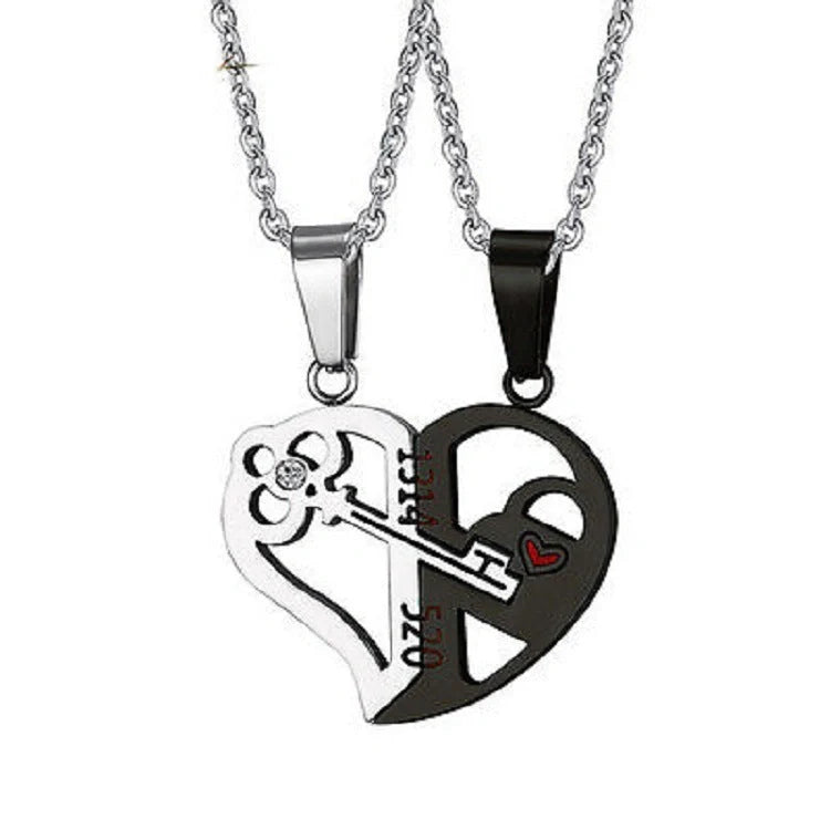 Elegant stainless steel love pendant necklace set for couples, perfect Valentine's gift.