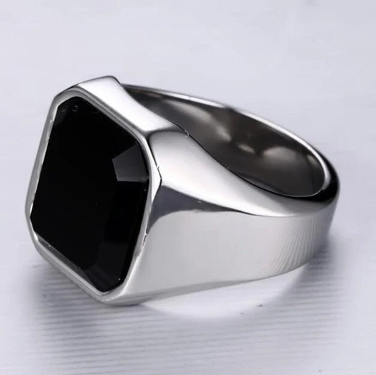 Men's stainless steel black agate ring with geometric design in silver, gold, and red black