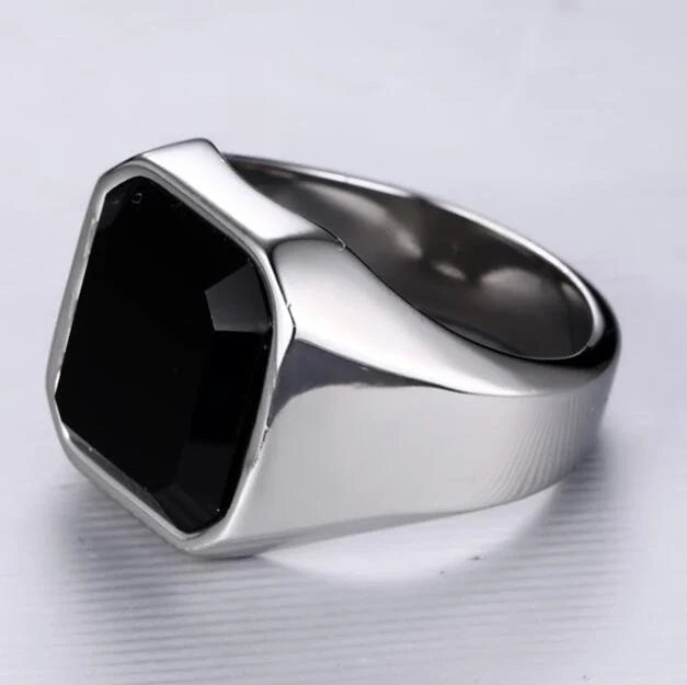 Men's stainless steel black agate ring with geometric design in silver, gold, and red black