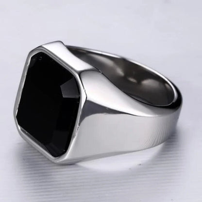 Men's stainless steel black agate ring with geometric design in silver, gold, and red black