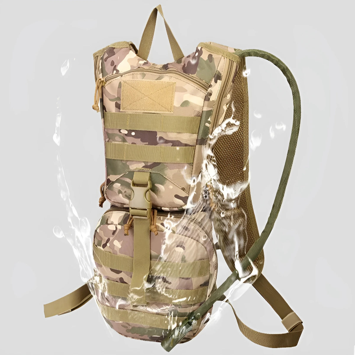 Green camouflage cycling hydration backpack with large main compartment and ergonomic back panel.