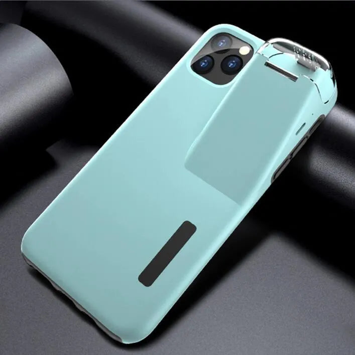 Black matte acrylic and silicone 2-in-1 case holding an iPhone and an AirPods charging case.