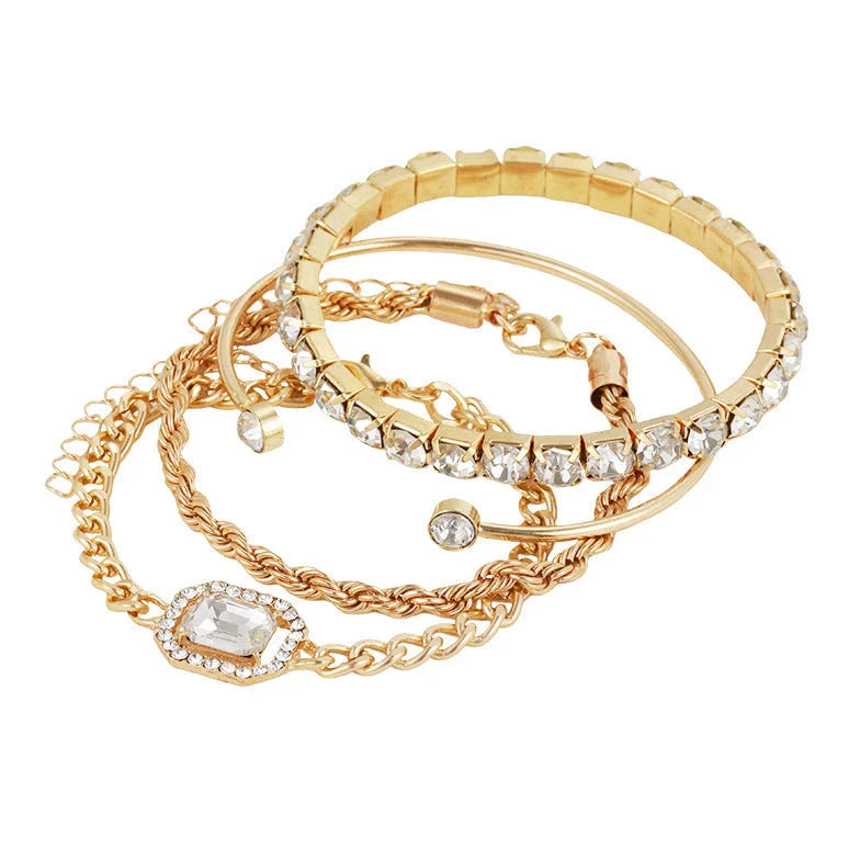 Sparkling crystal bracelets in various geometric designs, adorned with shimmering rhinestones for a luxurious and fashionable accessory