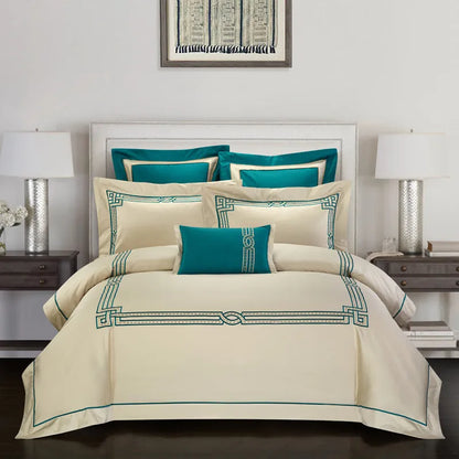 Four-piece cotton embroidery bedding set in satin weave with decorative patterns