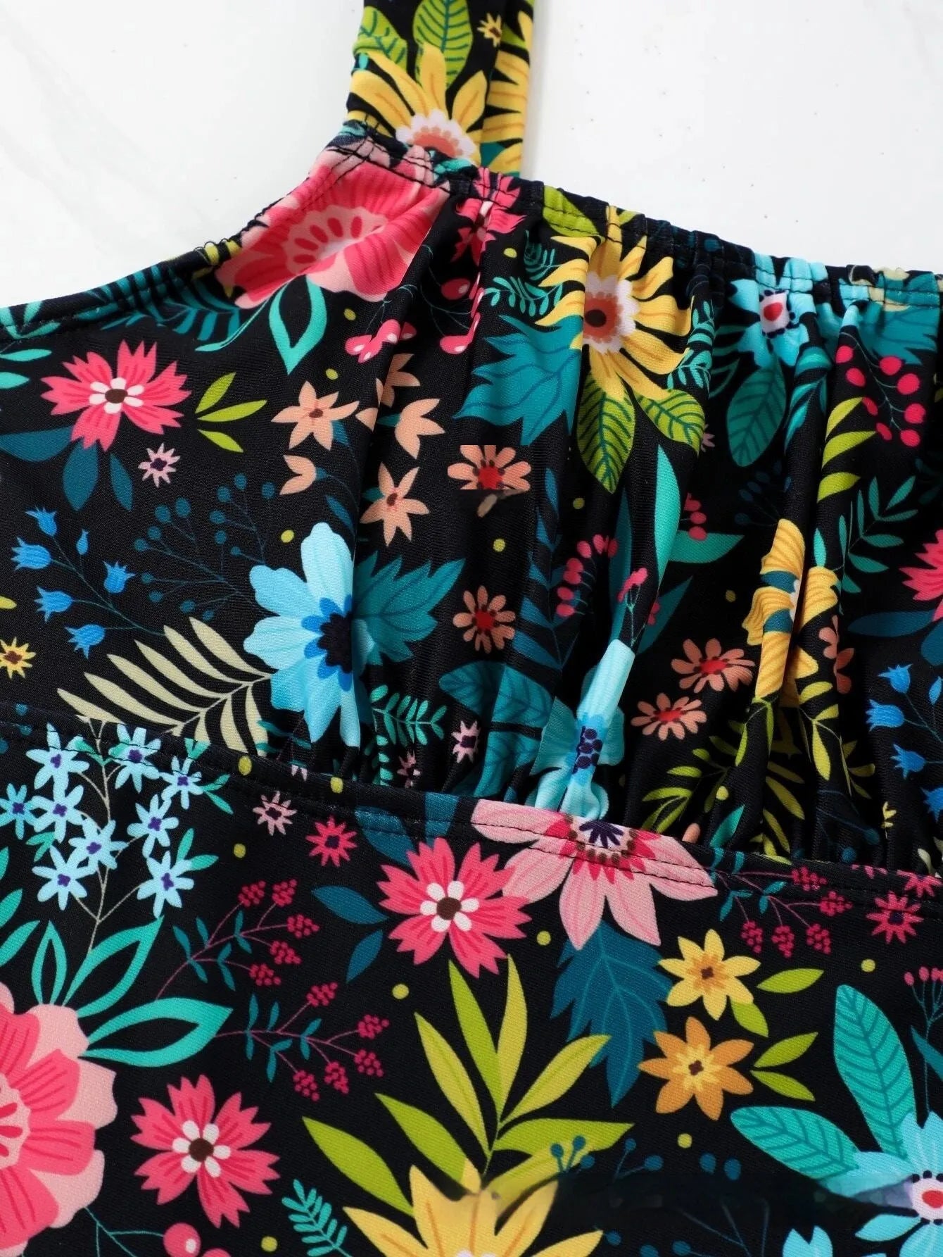 Women's black and colourful floral print one-piece swimsuit with full coverage