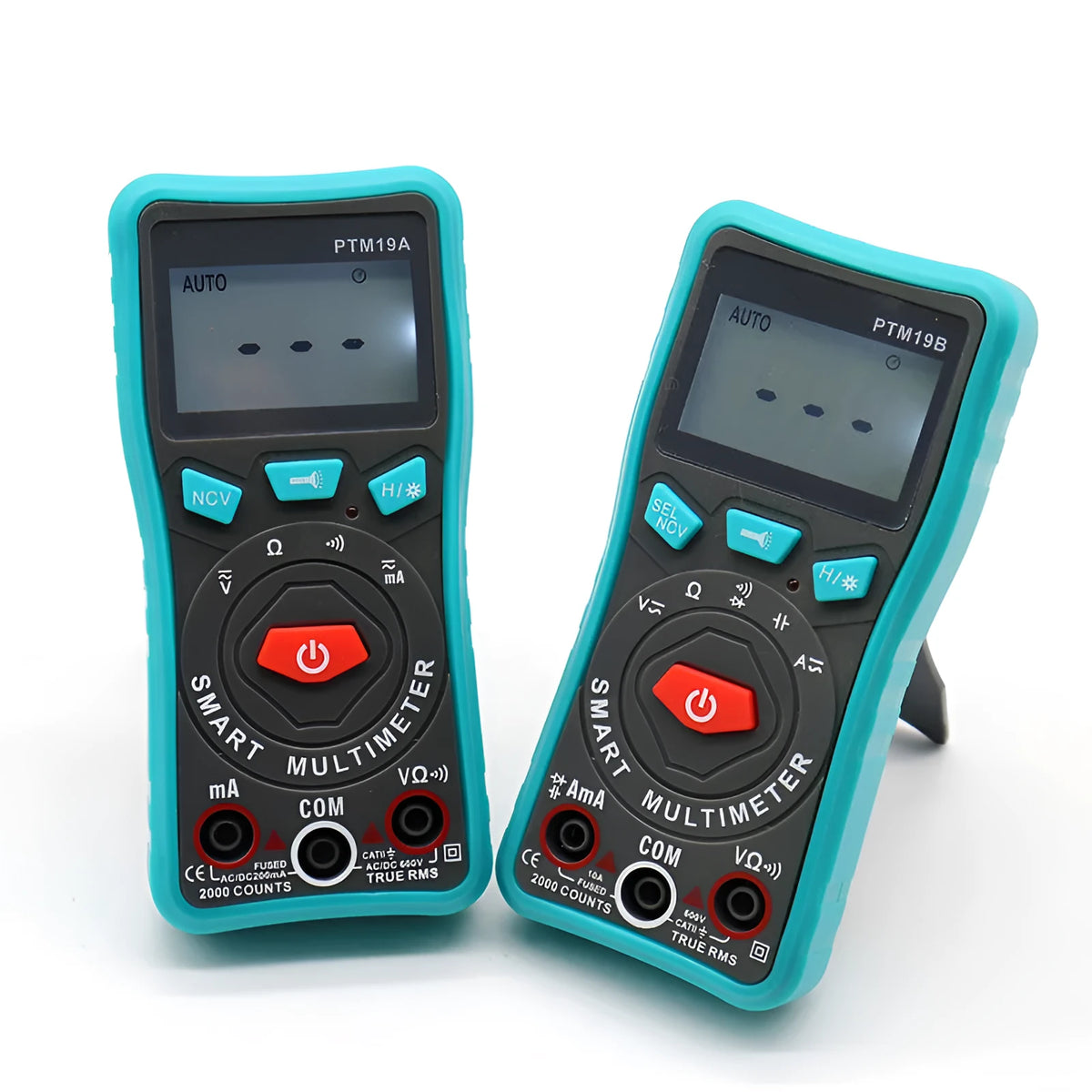 Green automatic digital multimeter with LED display, backlight, and a rear kickstand.