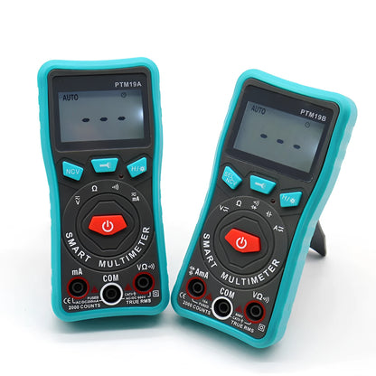 Green automatic digital multimeter with LED display, backlight, and a rear kickstand.